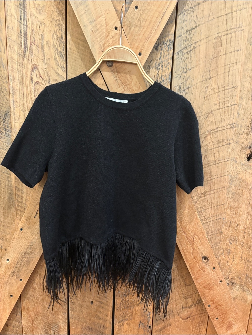 Zara Black Short Sleeve Crewneck Top with Fringe Hem